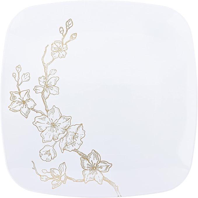 PLASTICPRO Square 128 Piece Combo Plates Set includes 64 x 7'' inch Salad Plates & 64 x 10'' inch Dinner Plate White Plastic Gold Buds Design Party Elegant, Tableware, Dishes,