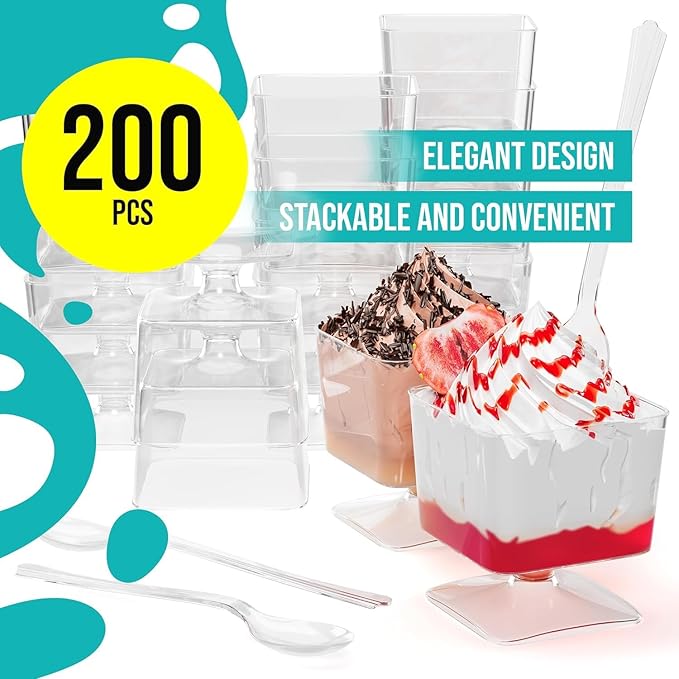 Exquisite Mini Dessert Cups With Spoons 200 Pcs - 2 Oz Square Clear Plastic Pudding Cups Disposable With Tasting Spoons 100 Sets | Mini Parfait Cup | Appetizer Cup For Party & Events