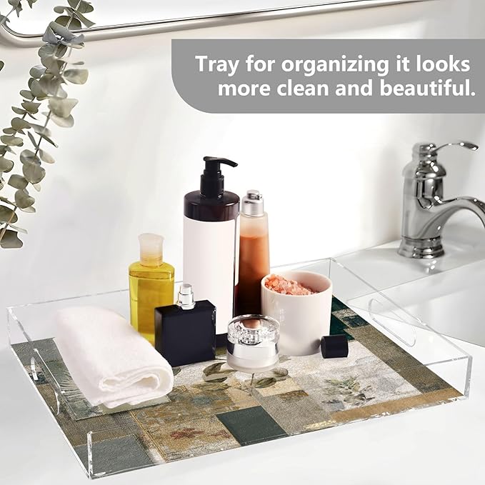 Serving Tray with Handles Clear Acrylic Tray 12x16 Inch Decorative Rectangular Tray Organizer for Ottoman Coffee Table Bathroom Dark Green Bohemian Leaves