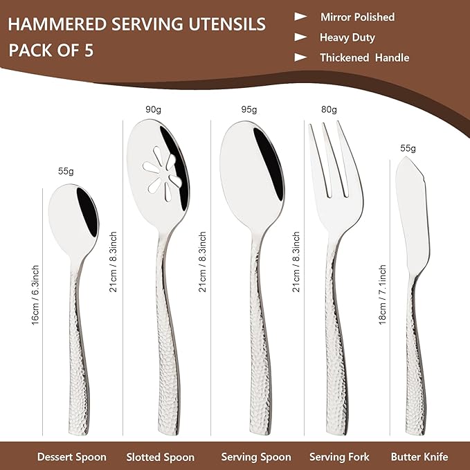 Serving Utensils Set, 5-Piece 18/8 Stainless Steel Hostess Serving Set, Elegant Hammered Serving Utensils for Home Restaurant and Buffet Catering, Heavy and Mirror Polished, Silver