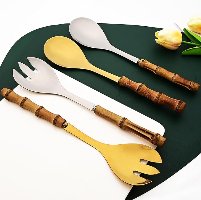 4PCS Serving Fork, 18/10 Stianless Steel Silver Resuable Serving Utensils With Bamboo Handle, Buffet Banquet Seafood Fork, 10-inch