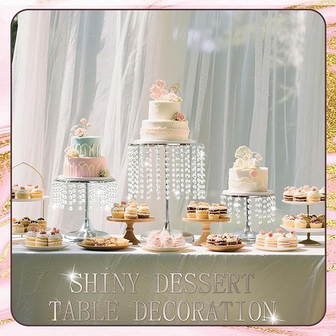 Metal Mirror Cake Stand Set with Crystal Pendants - Elegant Dessert Table Display for Weddings, Birthday Parties, Baby Showers, Events - Sturdy Crystal Bling Cupcake Stands for Pastries, Sweets, Decorations (Silver, Set of 3)