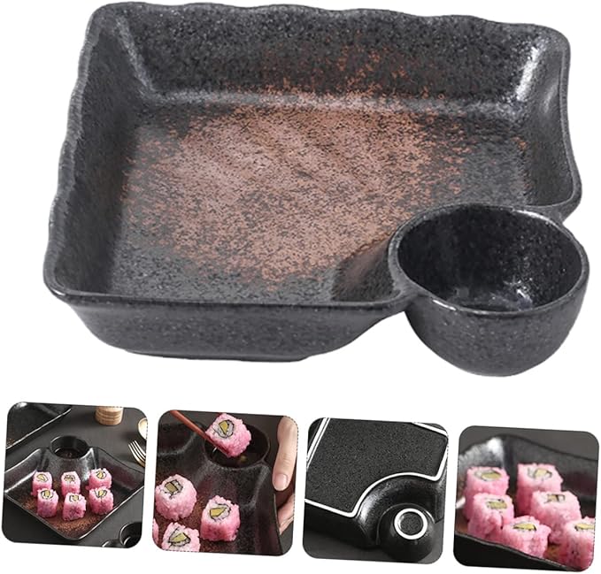 Japanese Ceramic Dumpling Dish with Sauce Grid Appetizer Plate for Dipping Sauce for Sushi and Condiments for Entertaining