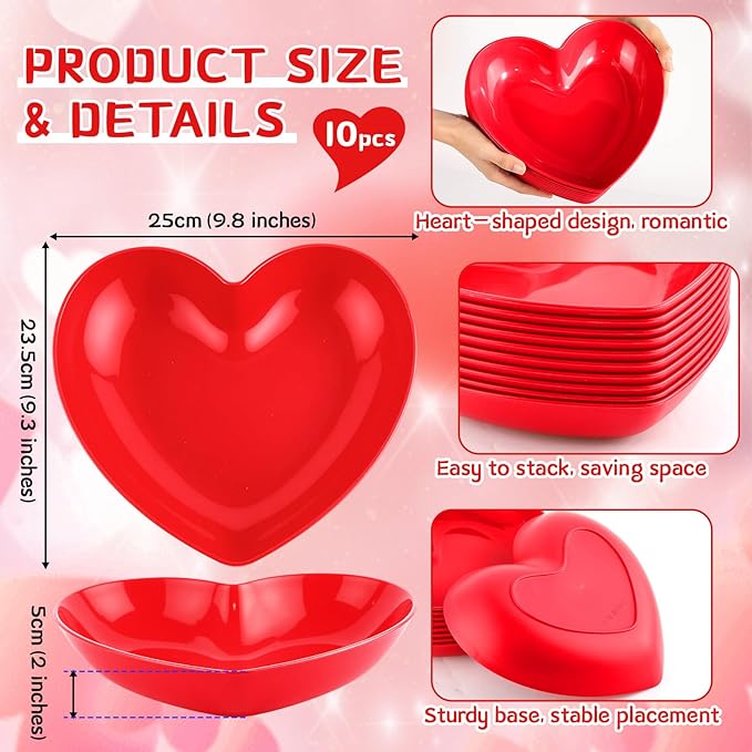 10-Pack 9.8 Inch Valentine's Day Candy Dish Heart Shaped Candy Bowl Plastic Dessert Plates Heart Shaped Dinner Bowl Party Serving Dishes for Salad, Cake, Snack, Waffles, Fruit, Appetizer(Red)