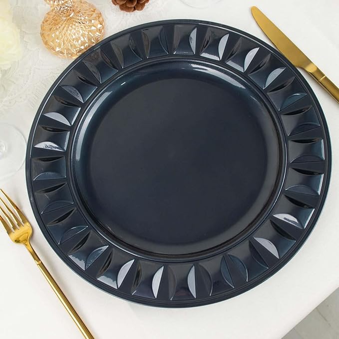 Efavormart 6 Pack | 13" Navy Blue Round Bejeweled Rim Plastic Dinner Serving Trays, Disposable Charger Plates