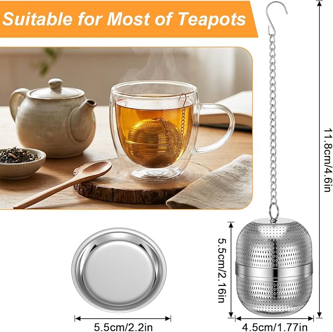 Tea Ball Infuser for Loose Tea, Stainless Steel Mesh Loose Leaf Steeper Diffuser with Drip Tray, Extra Fine Mesh Tea Strainer with Chain Hook and Threaded Lid for Black Tea, Rooibos, etc