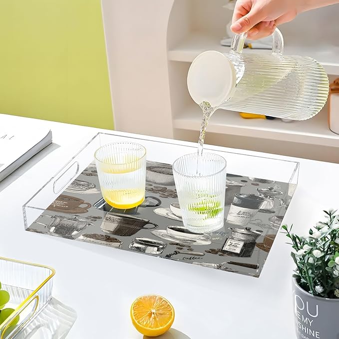 Serving Tray with Handles Clear Acrylic Tray 12x16 Inch Decorative Rectangular Tray Organizer for Ottoman Coffee Table Bathroom Grey Coffee Cups Beans Grinders