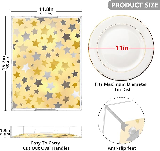 Serving Tray with Handles Clear Acrylic Tray 12x16 Inch Decorative Rectangular Tray Organizer for Ottoman Coffee Table Bathroom Cute Silver and Golden Stars