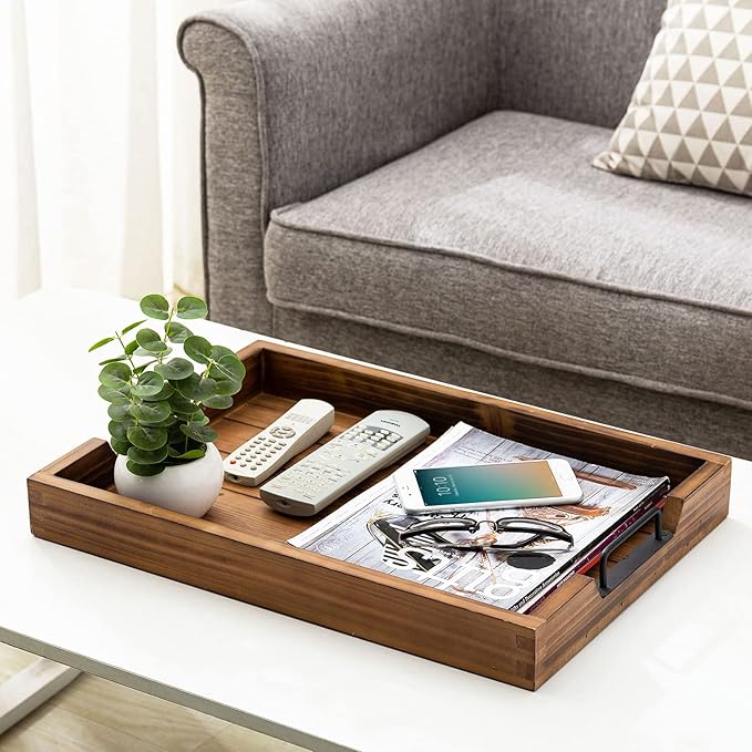 MyGift Burnt Wood Large Serving Tray with Handles, 20 x 14 Ottoman Tray, Breakfast, Coffee Server Tray