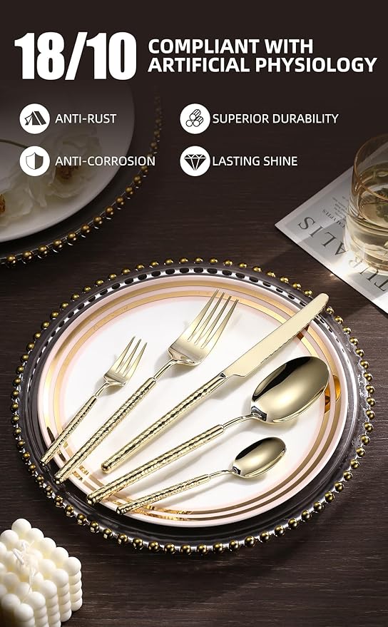 20-Piece Silverware Set, Stainless Steel Flatware Set for 4, Modern Hammered Utensil Tableware Set Include Dinner Knife/Fork/Spoon, Mirror Finish, Dishwasher Safe (10, champagne gold)
