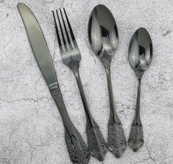 Stainless Steel Flatware serving set,Home Kitchen Eating Tableware Set,Dishwasher Safe,For Home Kitchen Restaurant Hote 4/16/24/32/40/48 Pieces Palace Tableware Black Thickened Stainless Steel Knife C