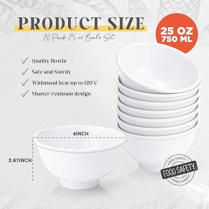 Tioncy 20 Pack 25 oz White Dessert Bowls Set Round Melamine Bowls for Pasta Cereal Rice Soup Snack Candy Ice Cream Pudding Fruit Salad, Dishwasher Safe