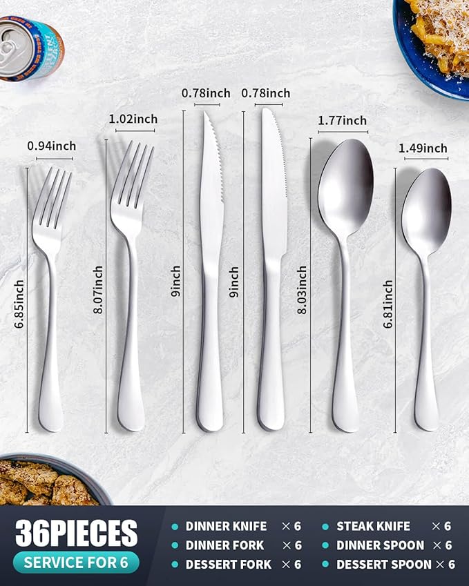 36-Piece Matte Silverware Set With Steak Knives, Stainless Steel Flatware for 6, Modern Cutlery Utensils, Spoons and Forks for Restaurant, Dishwasher Safe