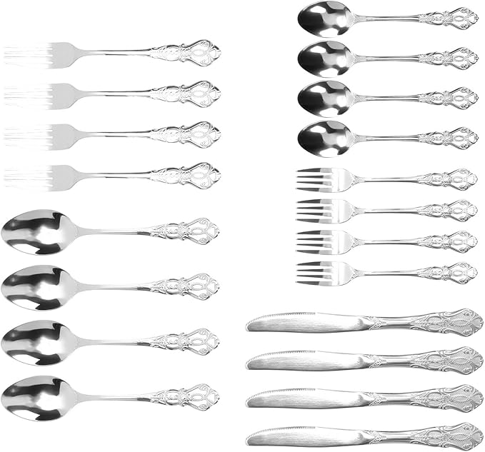 Zerodis Vintage Silverware, Serving Sets Set With Knife Fork Spoon Silver, 20 Piece Silverware Service For 4, Flatware For Home And Kitchen, Dishwasher Safe Vintage, (Silver)