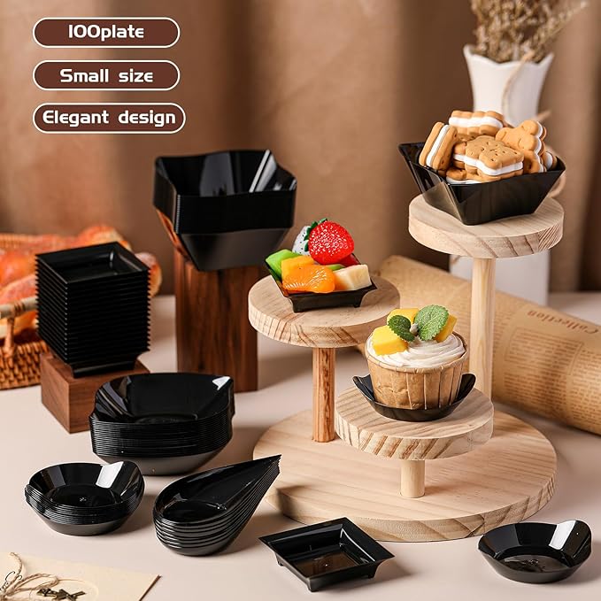Tessco for you 100 Pcs Mini Appetizer Plates Set, Disposable Dessert Plates Assorted Shape Mini Plastic Spoons for Wedding Party Birthday (Black)
