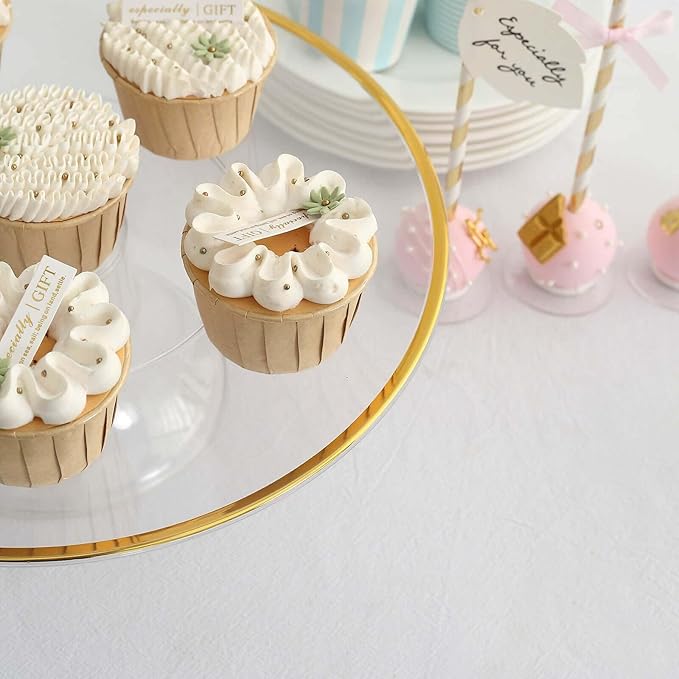 Efavormart 2 Pack | 12" Clear with Gold Rim Plastic Cupcake Dessert Display Riser, Disposable Pedestal Cake Stand