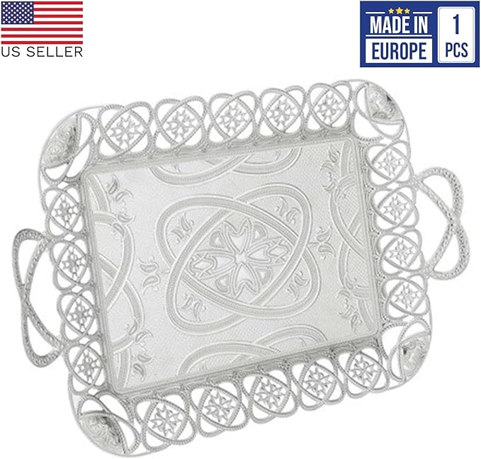 Rectangular Tray with Planet Axis Embossed Design | Eksen Metal Serving Tray | Anti-Tarnish Serving Platter | Bandeja Decorativa | Decorative, Elegant Tray | Décor Piece, 18.1"x11" (Silver)