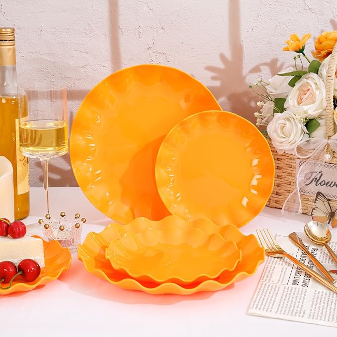 LIYH 50 Pcs Heavy Duty Plates Orange Scalloped Plastic Plates Reusable Unbreakable Plastic Plate for Party, Dishwasher Safe BPA Free (25Guests)