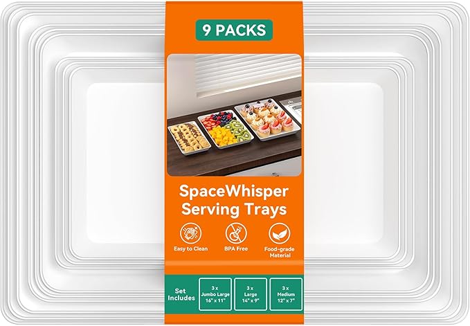 SpaceWhisper 9 Pack Serving Tray, Serving Platters for Snacks, Fruit, Cookies, Dessert, Large Reusable Rectangular Party Platters,3 Pack of 3 Size Set Large 16"*11",Medium 14"*9",Small 12"*7"