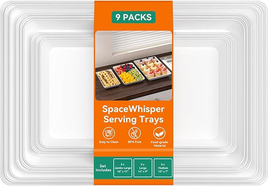 SpaceWhisper 9 Pack Serving Tray, Serving Platters for Snacks, Fruit, Cookies, Dessert, Large Reusable Rectangular Party Platters,3 Pack of 3 Size Set Large 16"*11",Medium 14"*9",Small 12"*7"