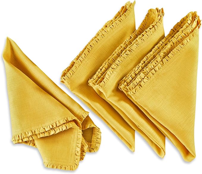 Solino Home Mustard Yellow Linen Dinner Napkins 20 x 20 Inch - 100% Pure Linen Juliette Ruffle Cloth Napkins Set of 4 - Handcrafted and Machine Washable