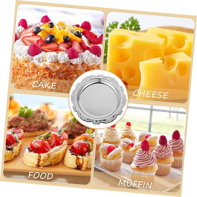 VICASKY 8 Inch Silver Metal Serving Tray - Elegant Platter for Food, Snacks, Jewelry Display & Home Decor, Vintage Style Dessert Tray with Handles (Silver, Heavy Duty)