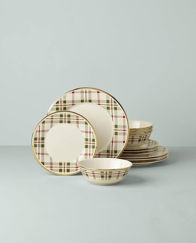 Lenox 894963 Holiday Plaid 12-Piece Dinnerware Set, Red & Green, Christmas, Hosting