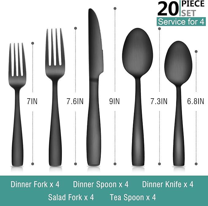 E-far Matte Black Silverware Set for 4, 20 Pieces Stainless Steel Flatware Eating Utensils Set for Home Kitchen Restaurant, Metal Forks Spoons and Knives with Square Handle for Wedding Dinner Party