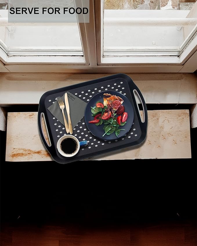 Large Nonslip Serving Tray with Handles, Silicone Grippy Dots Lap Food Trays for Eating, Dishwasher Safe Serve for Breakfast Dinner Snack Fruit Appetizers Beverage, Rectangular, Set of 2, Black