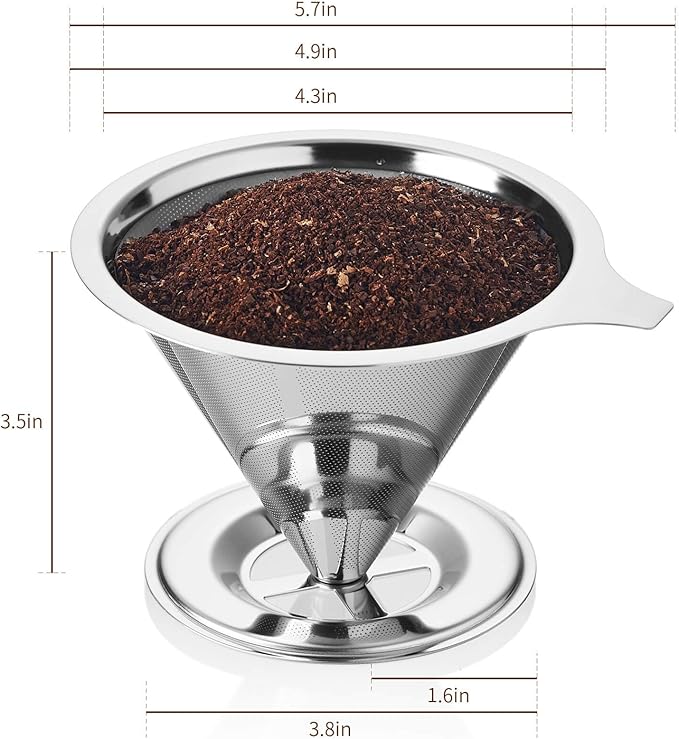 Pour Over Coffee Dripper, Fine Mesh Double Layer Stainless Steel Coffee Filter, Metal Cone Pour Over Coffee Filter Single Cup Coffee Maker 1-2 Cup