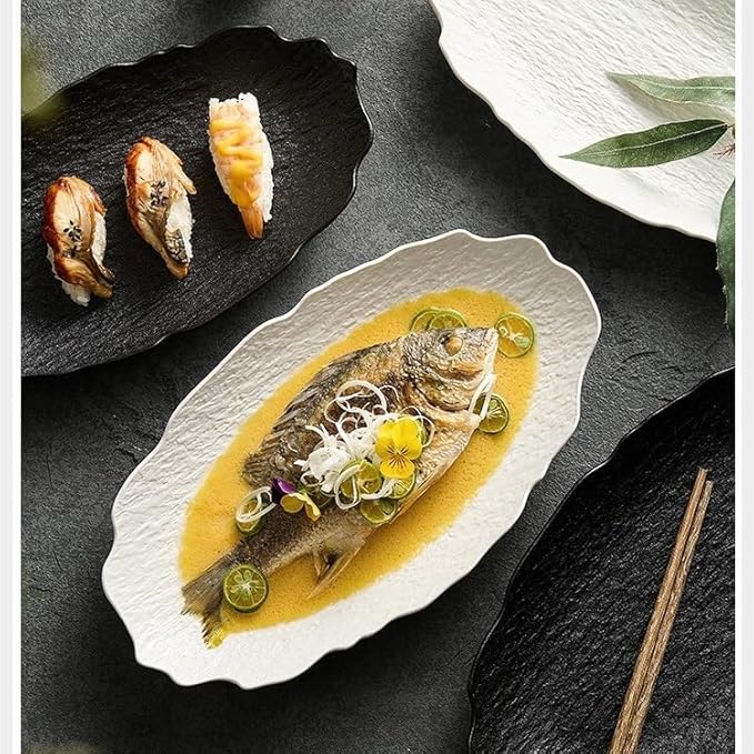 Dessert Plates Creative Stone Fish Plate Tableware Household Steamed Modern Ceramic Simple Dish Dinner Tableware(Black,12inch)