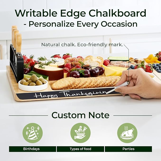 Charcuterie Boards Set of Christmas Gifts: Large Bamboo Cheese Board Set with Chalkboard Edge & Forks Set - Ideal for Housewarming Gift, Weddings, Bridal Showers, and Unique Gifts for Womem