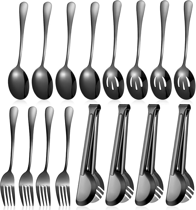 Patelai 15 Pcs Black Stainless Steel Serving Utensils Set 8.7" Large Spoons and Slotted Spoon 9.45" Tong 9" Forks Flatware Wedding Valentine's Day Holiday Party Buffet Banquet Cooking Kitchen Catering