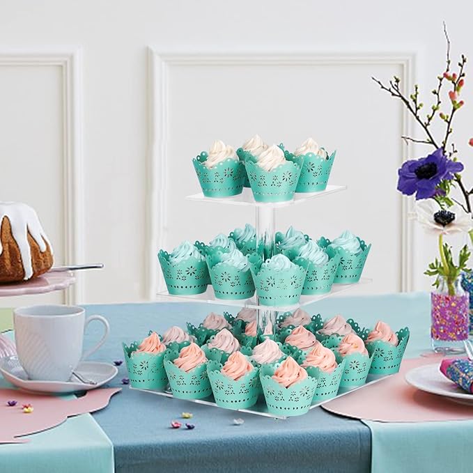 Acrylic Cupcake Stand Clear Cupcake Holder Display Stand Dessert Pastry Tower for Wedding Birthday Bar Party Décor (Square - 3 Tier)