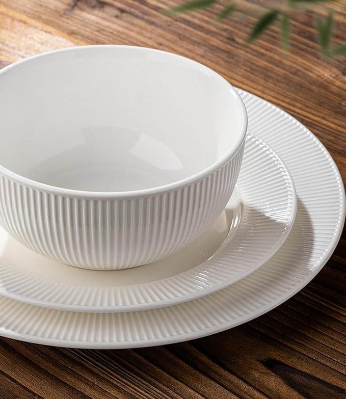 TheTerra Stoneware Dinnerware Sets for 6, 18 Pieces Ceramic Plates and Bowls Sets, Scratch Resistant Embossed Dish Set, Oven, Microwave & Dishwasher Safe, Bright White