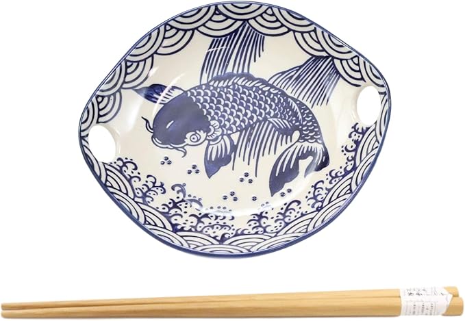 Ebros Blue And White Koi Fish Feng Shui Appetizer Snack Serving Coupe Plate Dish With Chopsticks And Built In Rest Set Small Flat Bowl For Hors D'oeuvres Sushi Ice Cream Serveware Plates (2)