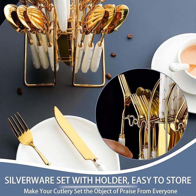 24 Pieces Flatware Set, Stainless Steel Cutlery Set with Silverware Holder, Modern Gold Silverware Set Includes Dinner Knives Forks Spoons,Hanging Silverware Set Service for 6 (White Gold)
