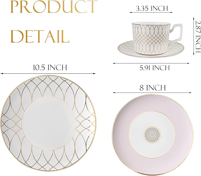 gold trim dinnerware set service for 4, 16 pieces pink and white ceramic plate set, luxury bone china dishes sets for wedding, anniversary, fine dining present