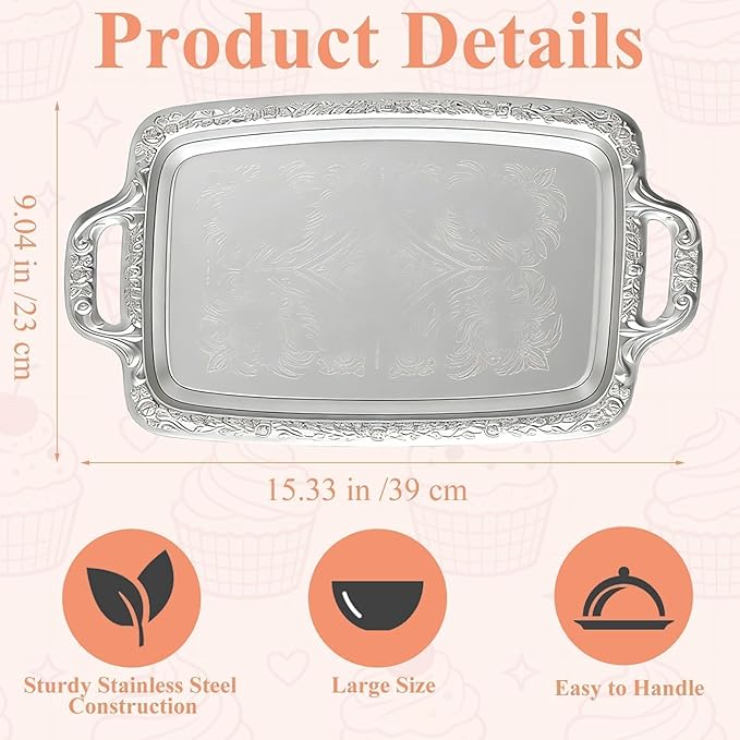 Large Silver Serving Tray for Party,Floral Engraved Serving Platters with Handles,Vintage Stainless Steel Tea Trays for Party,Rectangular Decorative Mirror Plates for Appetizer,Charcuterie,Wedding