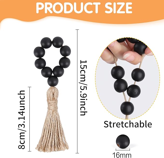 Meplait 6 Pieces Wooden Bead Napkin Rings, Farmhouse Stretchable Napkin Ring with Tassel Boho Napkin Rings for Dining Table,Wedding Decoration (Black)