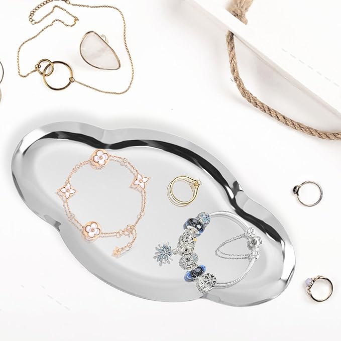 2Pcs Stainless Steel Jewelry Tray, 9in Cute Cloud Bathroom Decorative Tray Trinket Dish, Ring Dish Vanity Tray for Perfume Key Candle Aesthetic Room Decor (Silver)