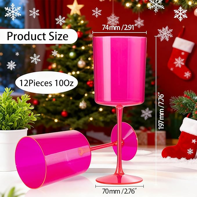 Ciaell 12 Pack Plastic Wine Glasses - 10Oz Hot Pink Plastic Wine Glasses With Stem - Disposable Stemmed Cups for Parties & Weddings