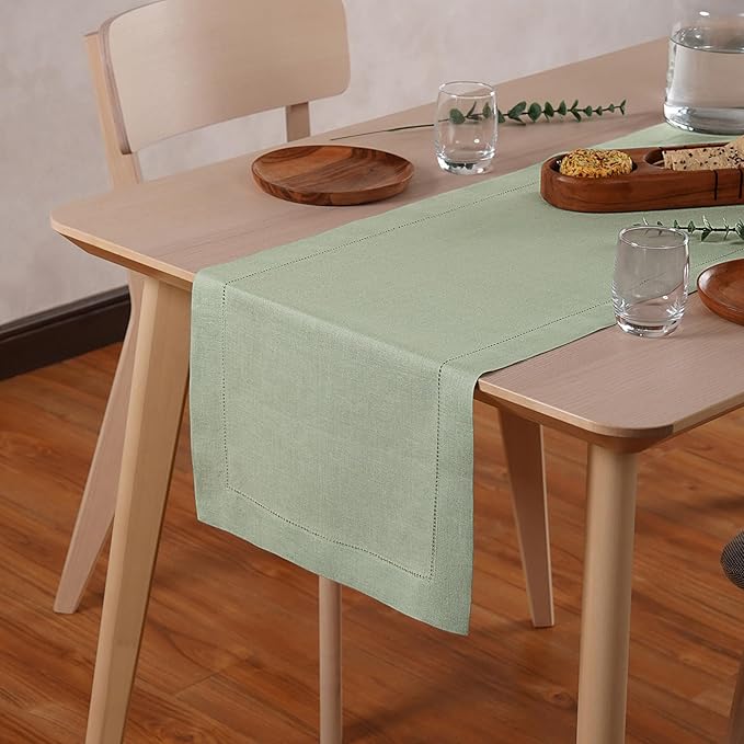 Home Ekaa Sage Green 100% Pure Linen Table Runner 72 inches – Long Hemstitch Runner 14x72 Inch Ideal for Dining - Fall, Christmas, Winter, Holiday, & New Year – Elara