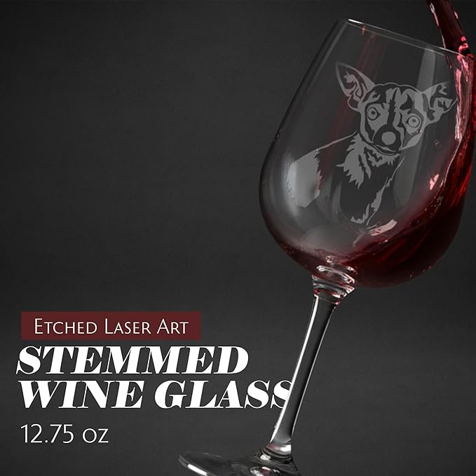Etched Laser Art Chihuahua Personalized Dog Themed Etched 12.75oz Wine Glass Custom Dog Breed Wine Glasses, Ideal for Pet Lovers, Unique Birthday Gift for Men & Women, Personalized Gift