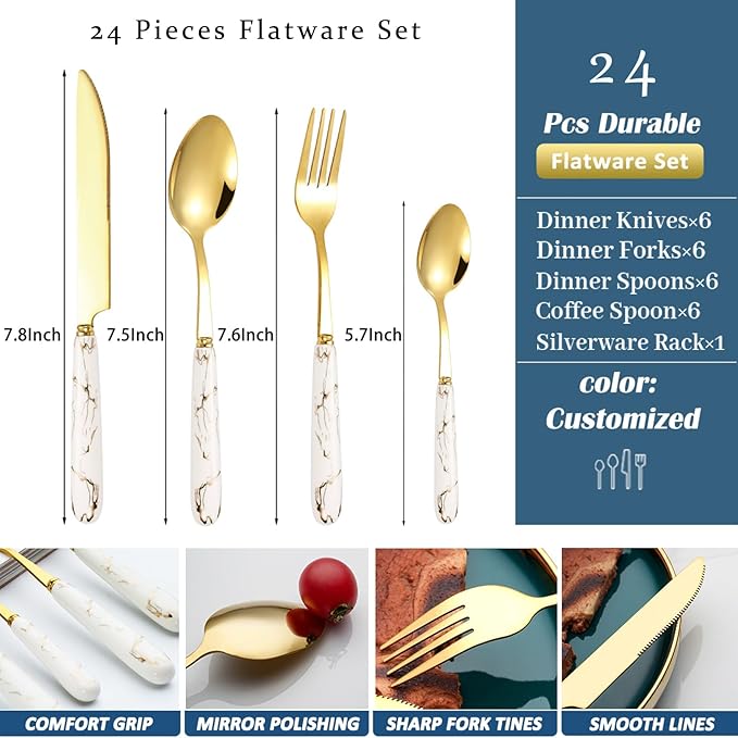 24 Pieces Flatware Set, Stainless Steel Cutlery Set with Silverware Holder, Modern Gold Silverware Set Includes Dinner Knives Forks Spoons,Hanging Silverware Set Service for 6 (White Gold)