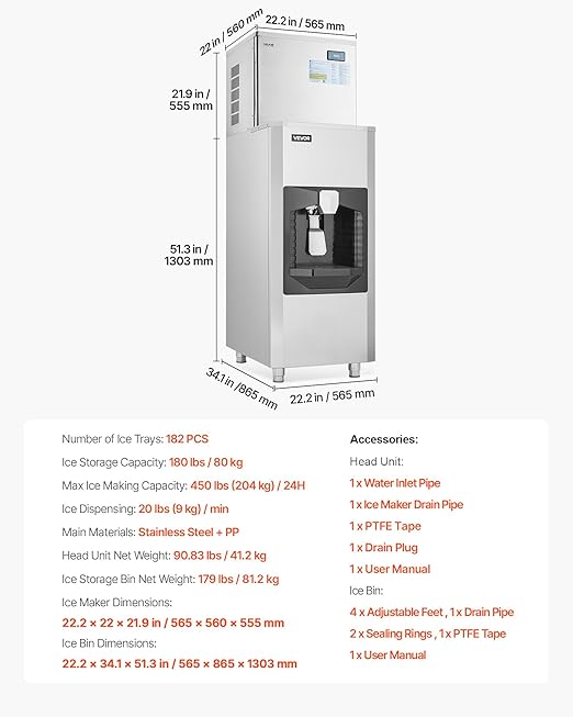 VEVOR Commercial Ice Maker, 450 Lbs/Day Ice-Making Machine, 180 Lbs Large Storage Bin with 20 Lbs/Min Automatic Ice-Dispensing, Self-Cleaning Ice Machine with Touchscreen for Bar, Cafe, Restaurant