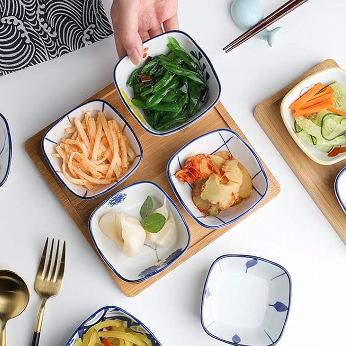 Dipping Sauce Dish Dipping Bowl Appetizer Plates 2 Bowls Condiments Dish Ceramic Sauce Soy Dishes Dipping Bowls with Tray Snack Soy Sauce Vinegar Appetizer Dishes or Seasoning for Easy Storage Dipping