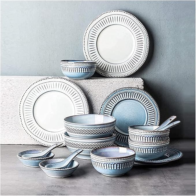 Dinnerware Set Dinner Party Tableware Service Set Resistant Dinner Set, Ceramics Dinner Sets, 16 Pieces Relief Craft Porcelain Dinnerware Set | Retro Blue and White Cereal Bowl Steak Plate