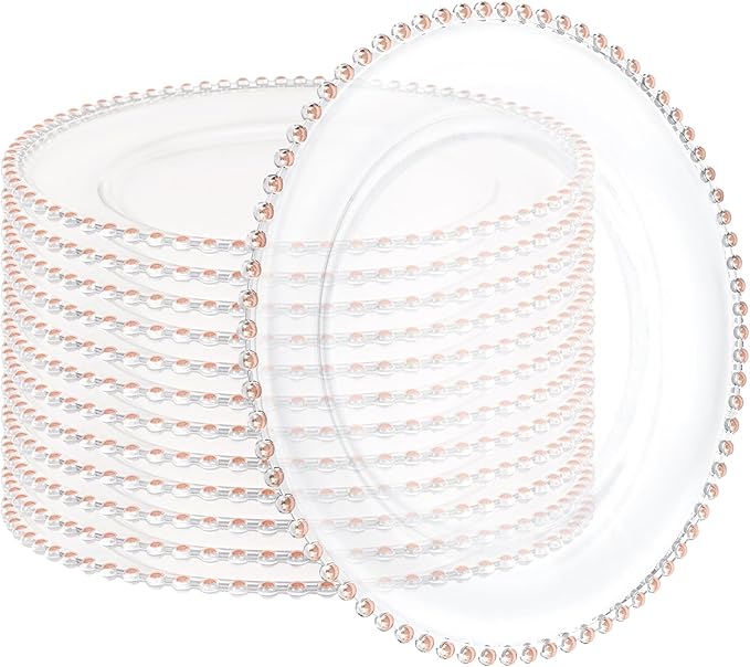 12 Pack Clear Charger Plates with Beaded Rim, 13 Inch Plastic Chargers for Dinner Plates Acrylic Round Tabletop Decoration for Home Kitchen Catering Wedding Table Event Party Dinner (Pink)
