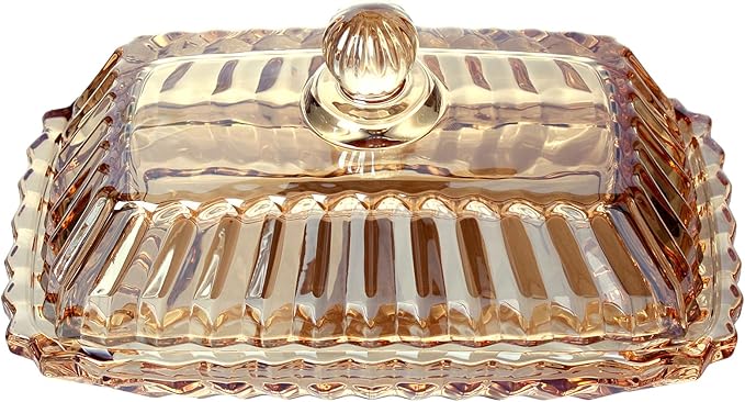Champagne Color Glass Butter Dish with Lid, Covered Butter Stick Holder Tray, Crystal Glass Butter Storage Container for Kitchen Countertop